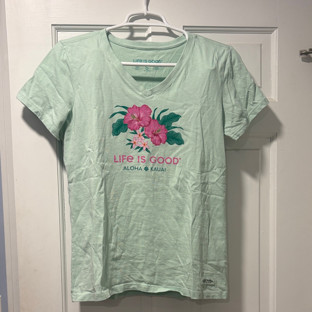Life Is Good Light Green Tee With Pink Floral Design